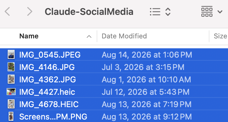 A Finder folder named Claude-SocialMedia containing raw photos and screenshots ready to be turned into posts