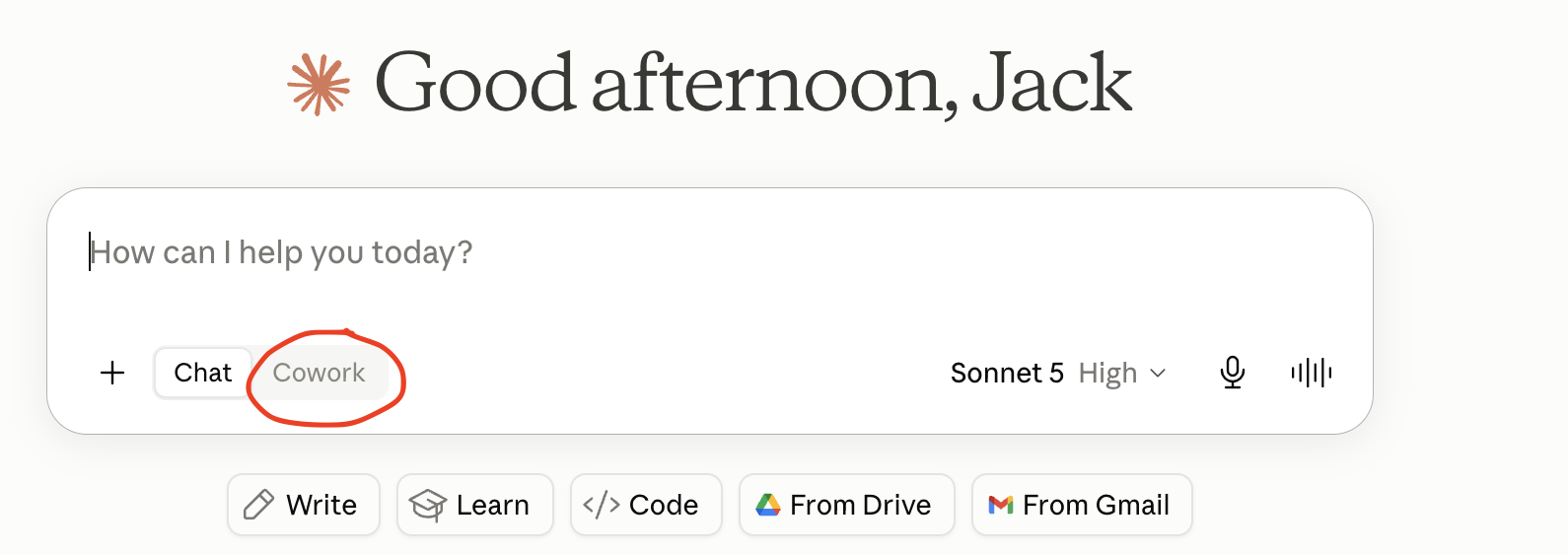 Claude message box with the Cowork tab highlighted next to Chat