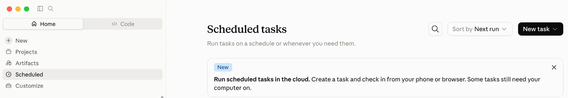 Claude Scheduled tasks page showing the option to run scheduled tasks in the cloud and create a task from your phone or browser