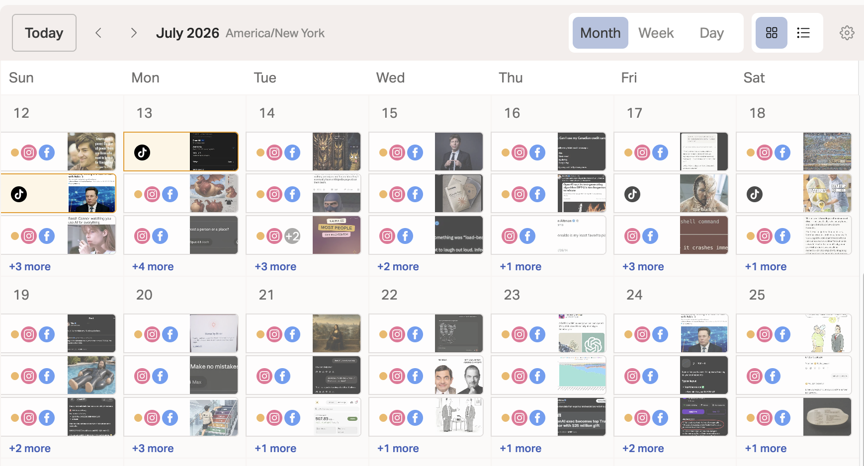 Planoly monthly calendar view filled with scheduled posts across Instagram, Facebook, and TikTok