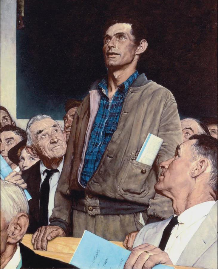 Norman Rockwell&rsquo;s Freedom of Speech: a man standing to speak at a town meeting while neighbours look up at him