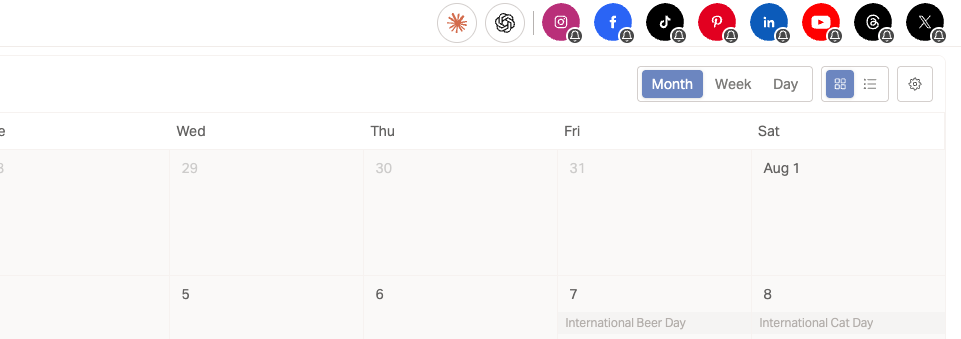 Planoly calendar view with connected social channel icons shown in the top right corner